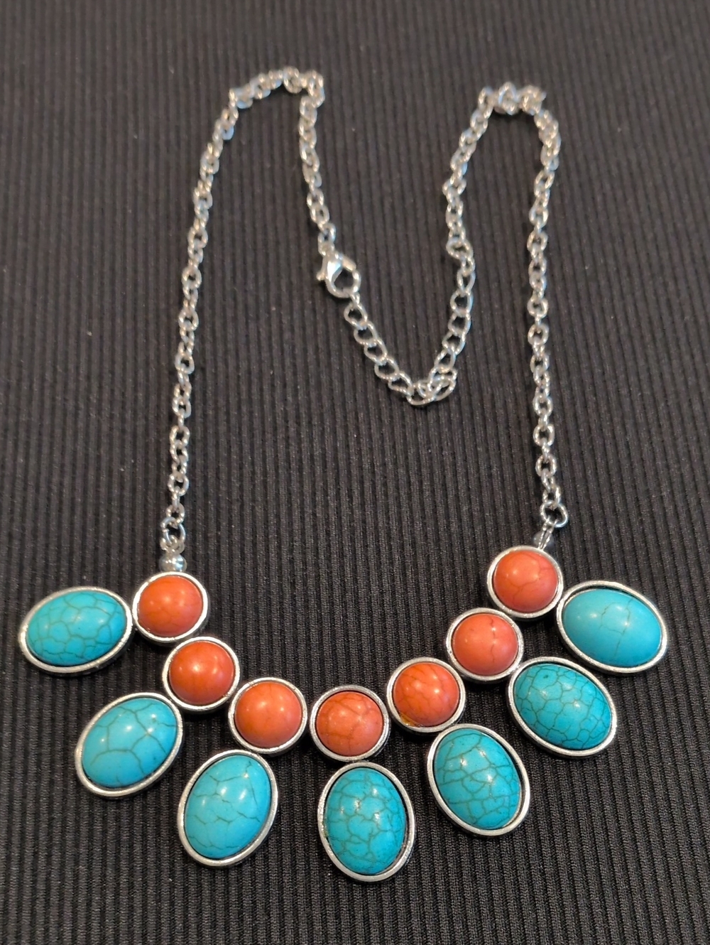 Women's Coral & Turquois Tone Caboshon Necklace - Silver Tone
